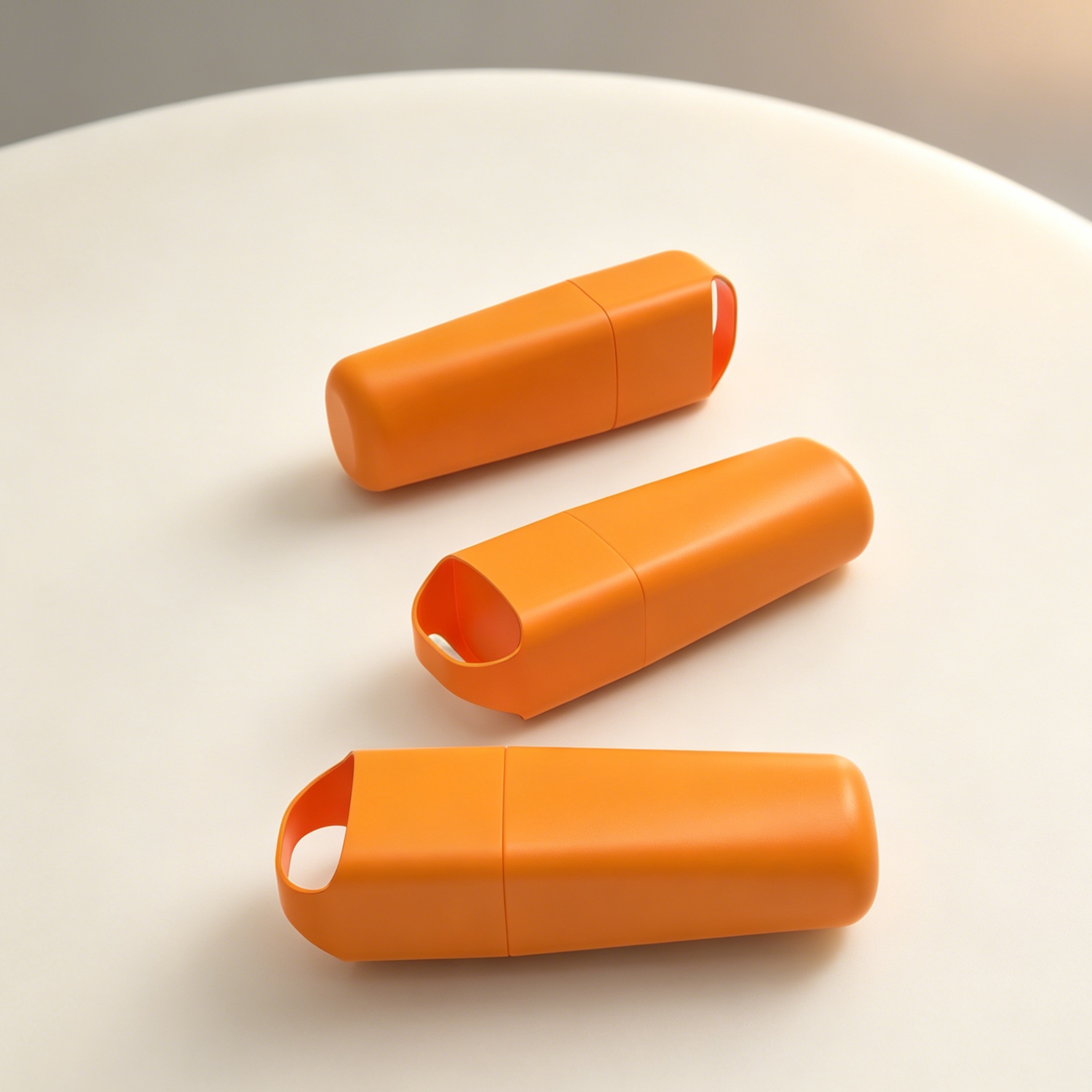 Orange slim rounded rectangle sunscreen squeeze bottle with hollow handle cap, exploded disassembled travel cosmetic container